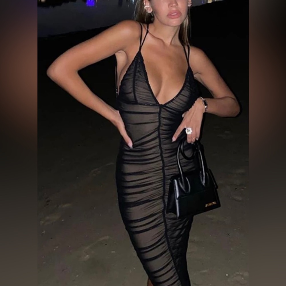 South Beach Sexy Ruched Mesh Bodycon Cocktail Party Evening Sexy Dress